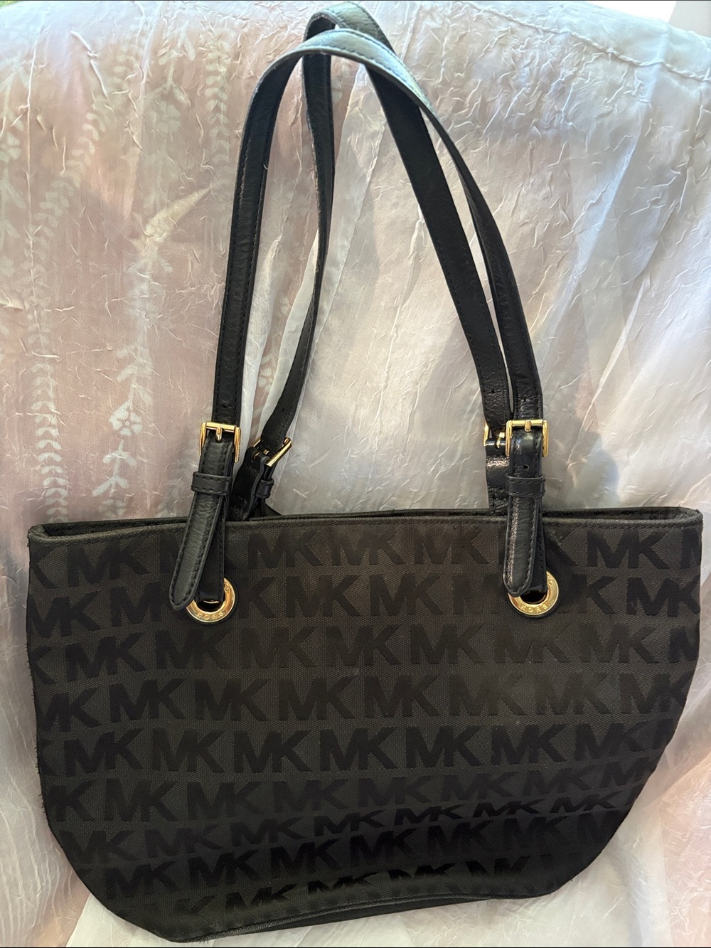 Michael Kors Black MK Logo Tote with Gold Hardware